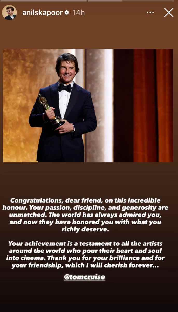 ‘Passion, Discipline, Generosity Unmatched’: Anil Kapoor’s Emotional Tribute to Tom Cruise After Honorary Oscar Win